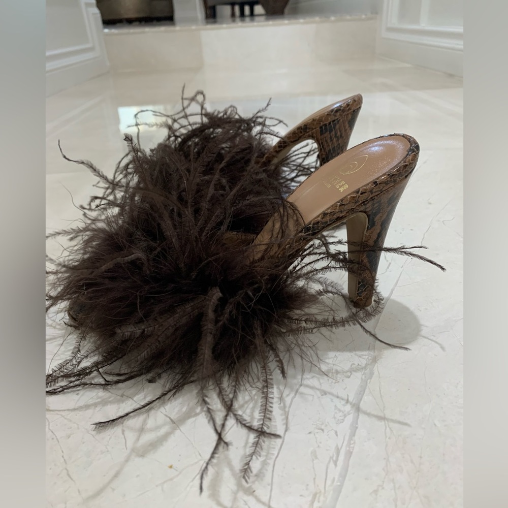 Brother Vellies Palms Feather Snake-Embossed Leather Mules Shoes 7